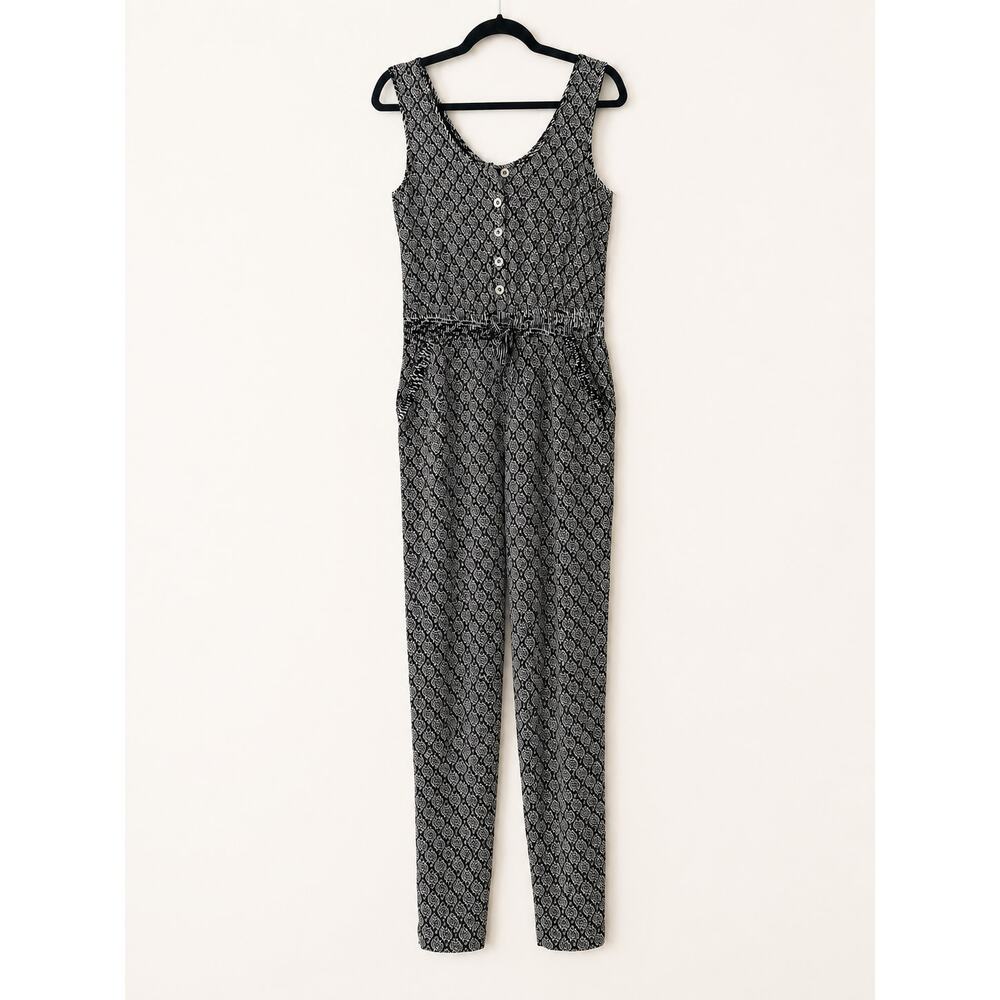 Papillon Sleeveless Jumpsuit S Black White Mixed Print Smocked Waist Pockets